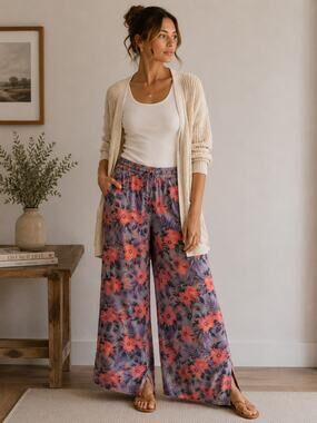 Revery Tropical Floral Wide Leg Palazzo Pants Gray Rayon Large